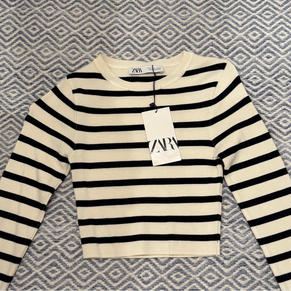 Zara Cream and Black Striped Crop Top